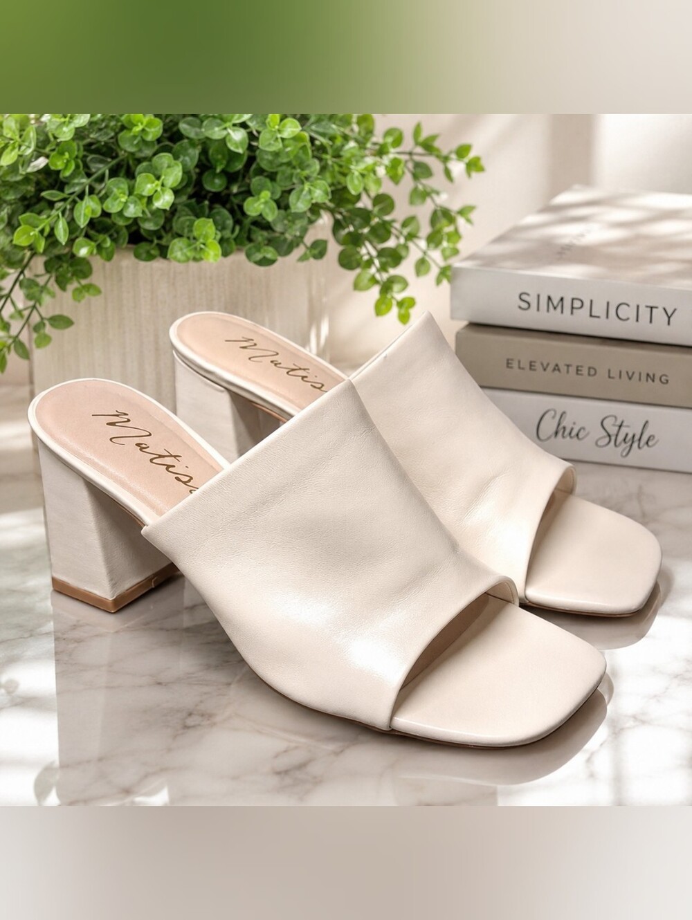 Matisse Leather Cream Open-Toe Block Heel Mules